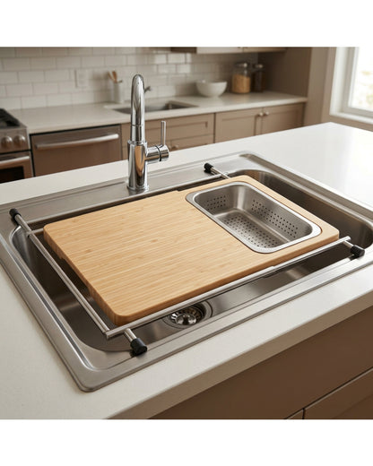 Rawer Bamboo Over-Sink Cutting Board with Steel Colander 52 cm - Lifestyle view