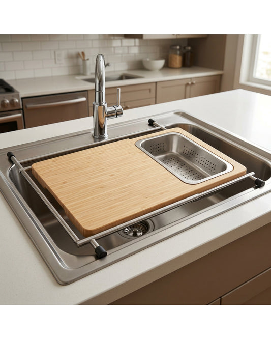 Rawer Bamboo Over-Sink Cutting Board with Steel Colander 52 cm - Lifestyle view