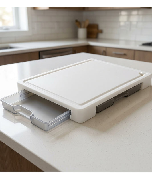 Rawer HDPE Cutting Board with 2 Slide-Out Sorting Trays 45 cm White - Lifestyle view